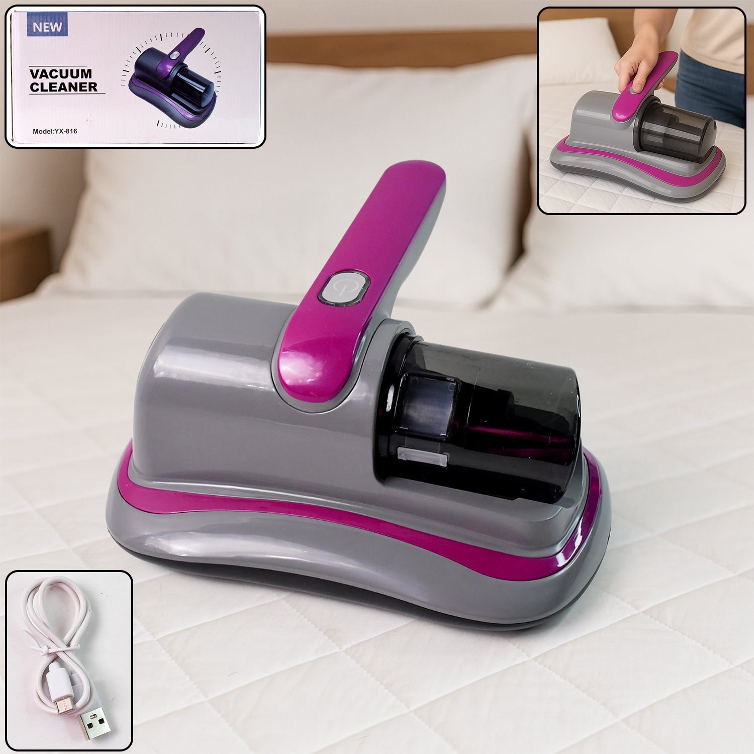 Handheld vacuum cleaner, white and grey, on a clean surface.