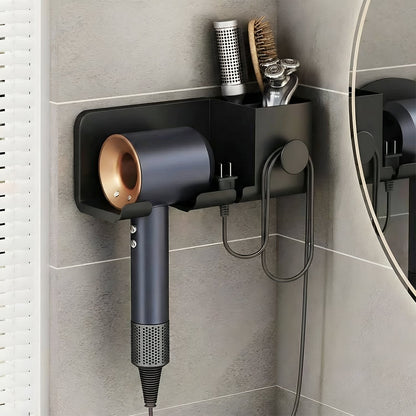 Dryer rack mounted on bathroom wall holding hair styling tools