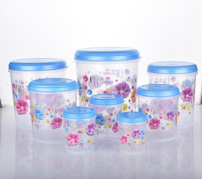 Complete 8-piece air tight plastic container set with elegant floral design.