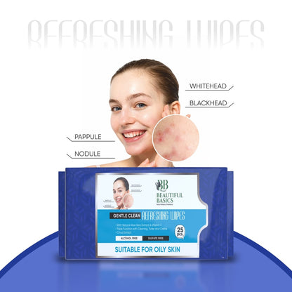 Open pack of Beautiful Basics Gentle Face Wipes, showing the moist texture.