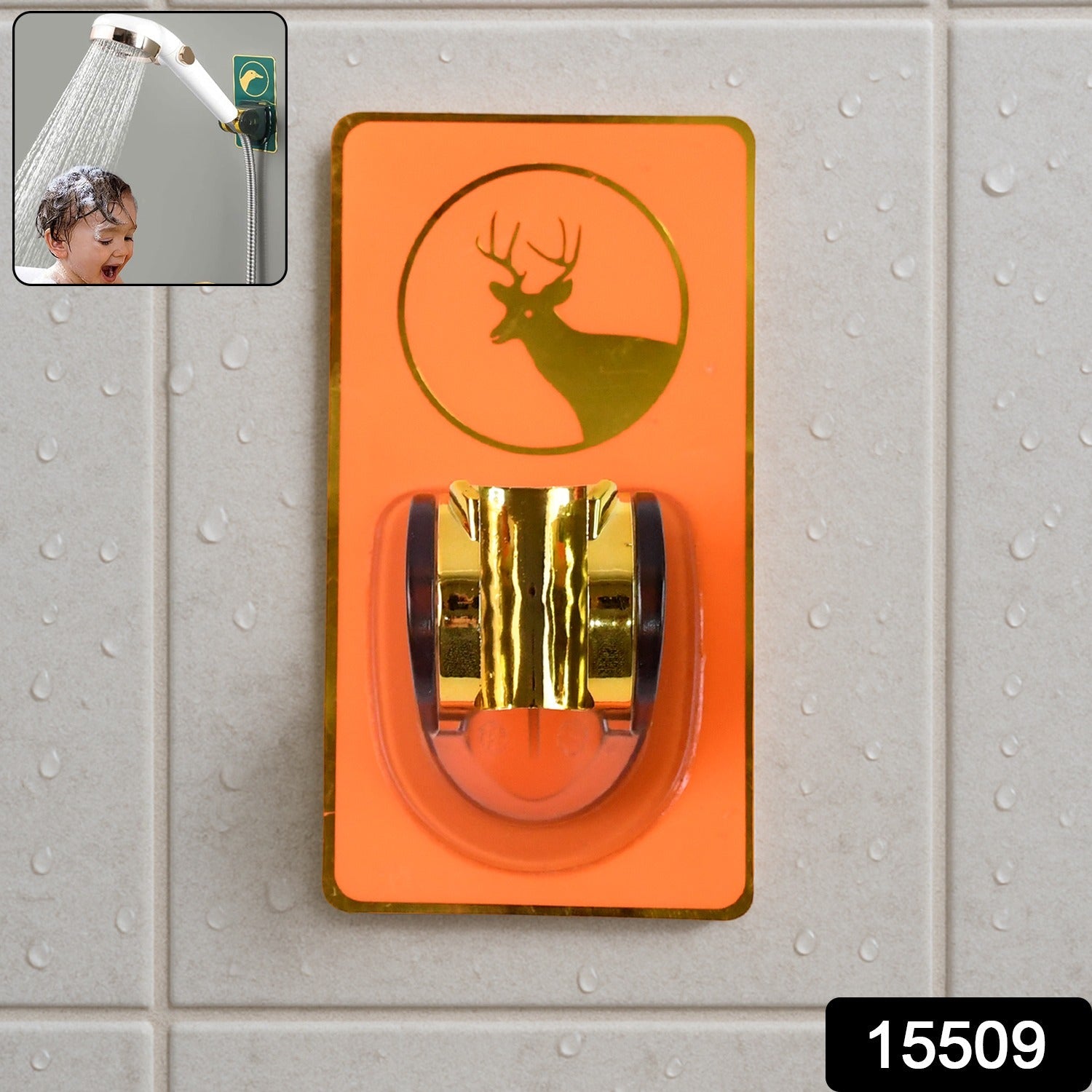 Flexible shower bracket with gold clamp and elegant deer motif design