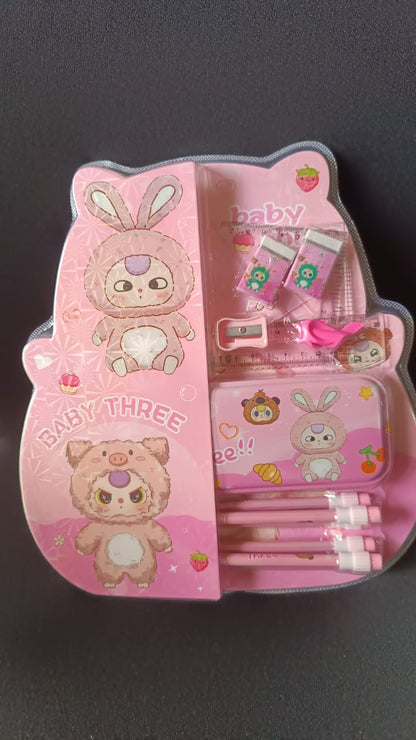 Cartoon stationery set for kids showing included pencils and accessories