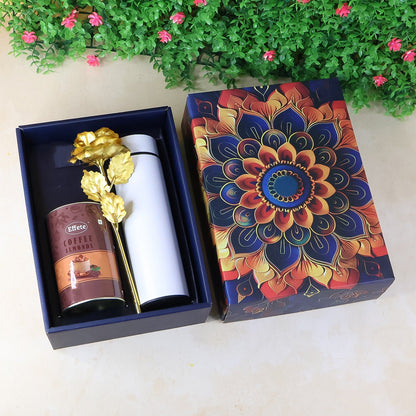 Coffee Almonds Gift Hamper with elegant golden rose and stainless steel bottle in luxury box