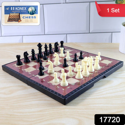 Foldable magnetic chess board game set laid out for play