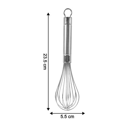Compact stainless steel whisk stored with hanging loop in kitchen