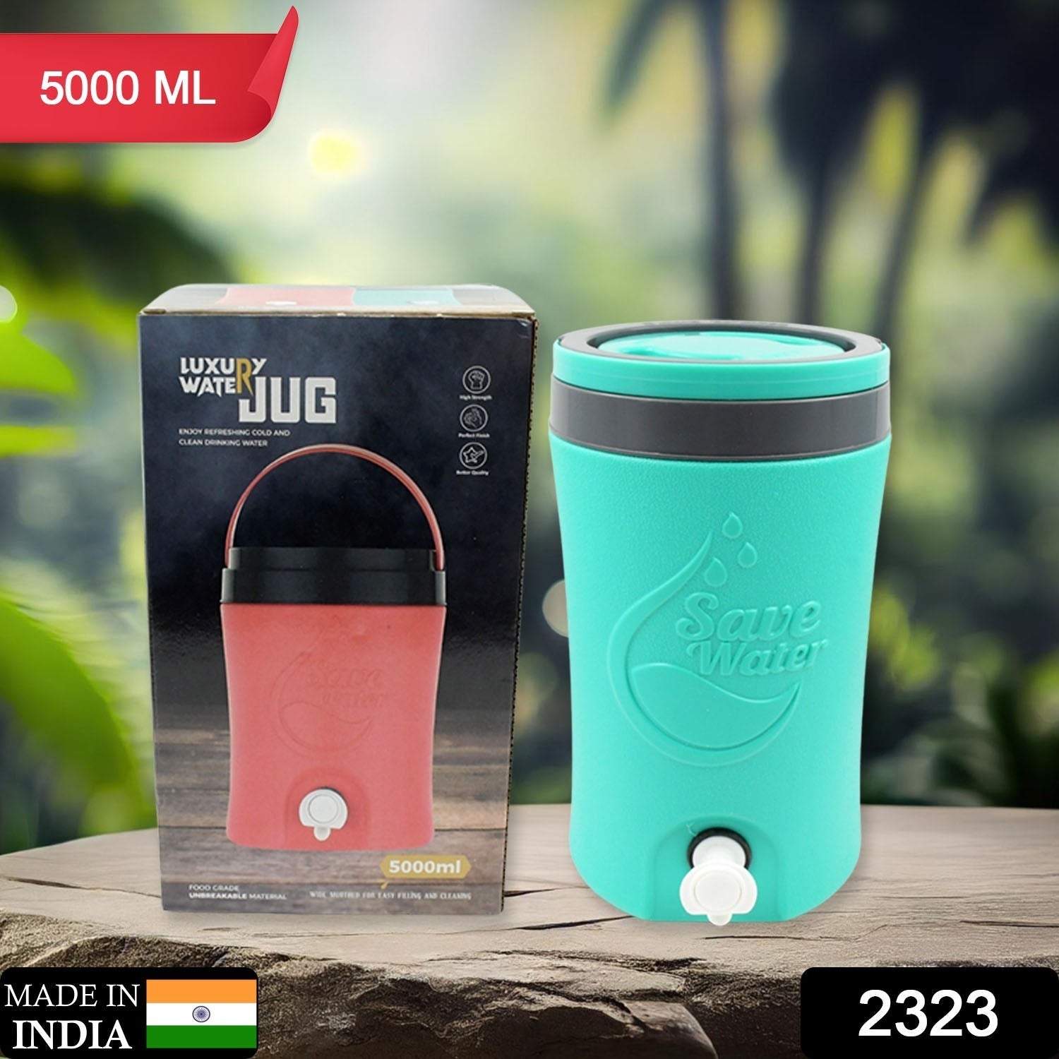 Close-up of the insulated plastic water jug showing the convenient tap dispenser.