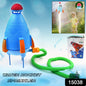 Kids playing with a 360° rotating water rocket sprinkler in a garden.