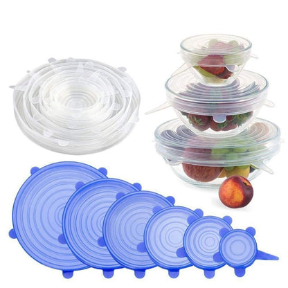 Assorted sizes of reusable silicone stretch lids neatly stacked.