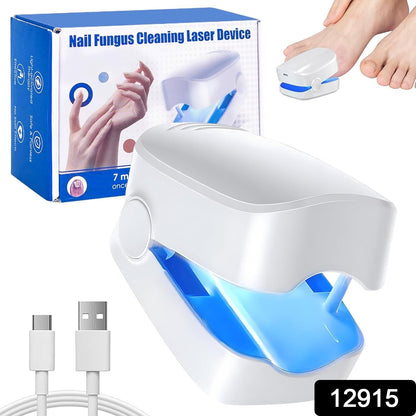User applying the portable AuriGlam Nail Fungus Laser Treatment device to a toenail.