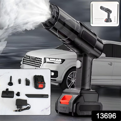 Compact portable vacuum cleaner being used to clean car interior, highlighting its cordless design.