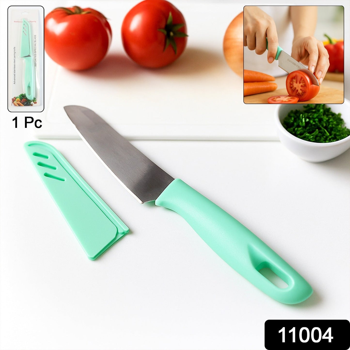 Kitchen knife with mint green ergonomic soft grip handle beside cutting board