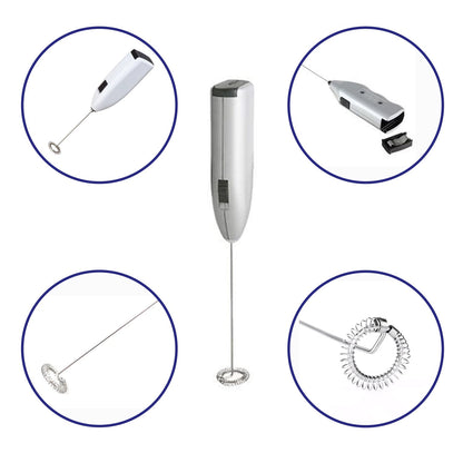 Portable electric milk mixer shown in action, frothing milk.