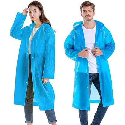 A man and woman model blue translucent rain jackets with hoods and white snap closures.