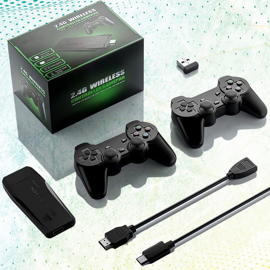 Wireless Gaming Console stick and two 2.4GHz controllers for dual player gaming.