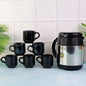 Insulated thermos flask with six black ceramic cups for hot tea and coffee serving