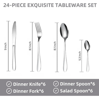 Size comparison chart for 24 Pc stainless steel polished cutlery set