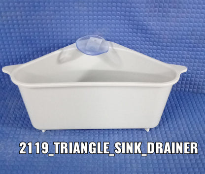 Plastic triangular sink organizer with strong suction cup attachment.