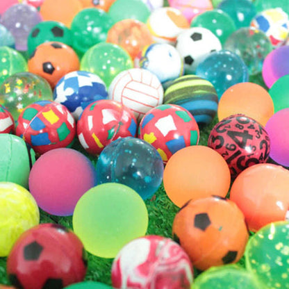 Collection of 14 vibrant bouncy balls with varied patterns, perfect for kids' play.