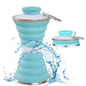 A blue silicone collapsible water bottle shown both upright and compactly folded.