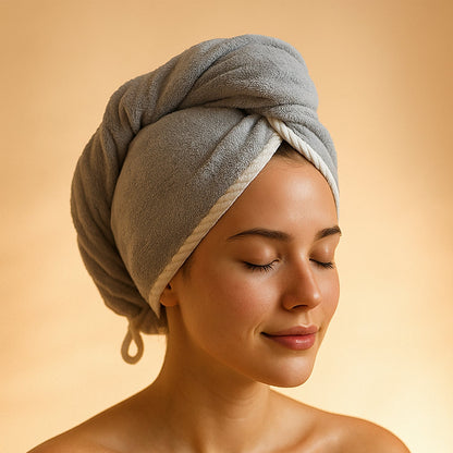 Angled view of the soft pink hair drying towel wrap for women.