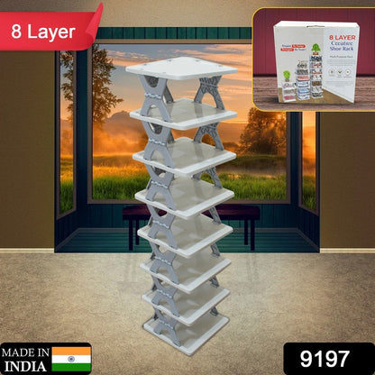 Adjustable 8-layer shoe shelf in a living space, perfect for organised footwear.