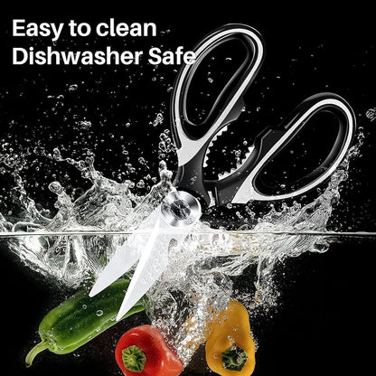 Retail packaging for the versatile Multi-Function Kitchen Scissor.