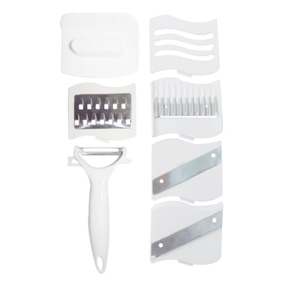 Various slicing and shredding options demonstrated by the 10-in-1 multi-functional vegetable cutter.