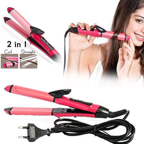 Ergonomic hair styling tool with ceramic plates for dual use.