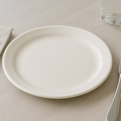 Smooth glossy plastic dinner plate showing its break-resistant surface