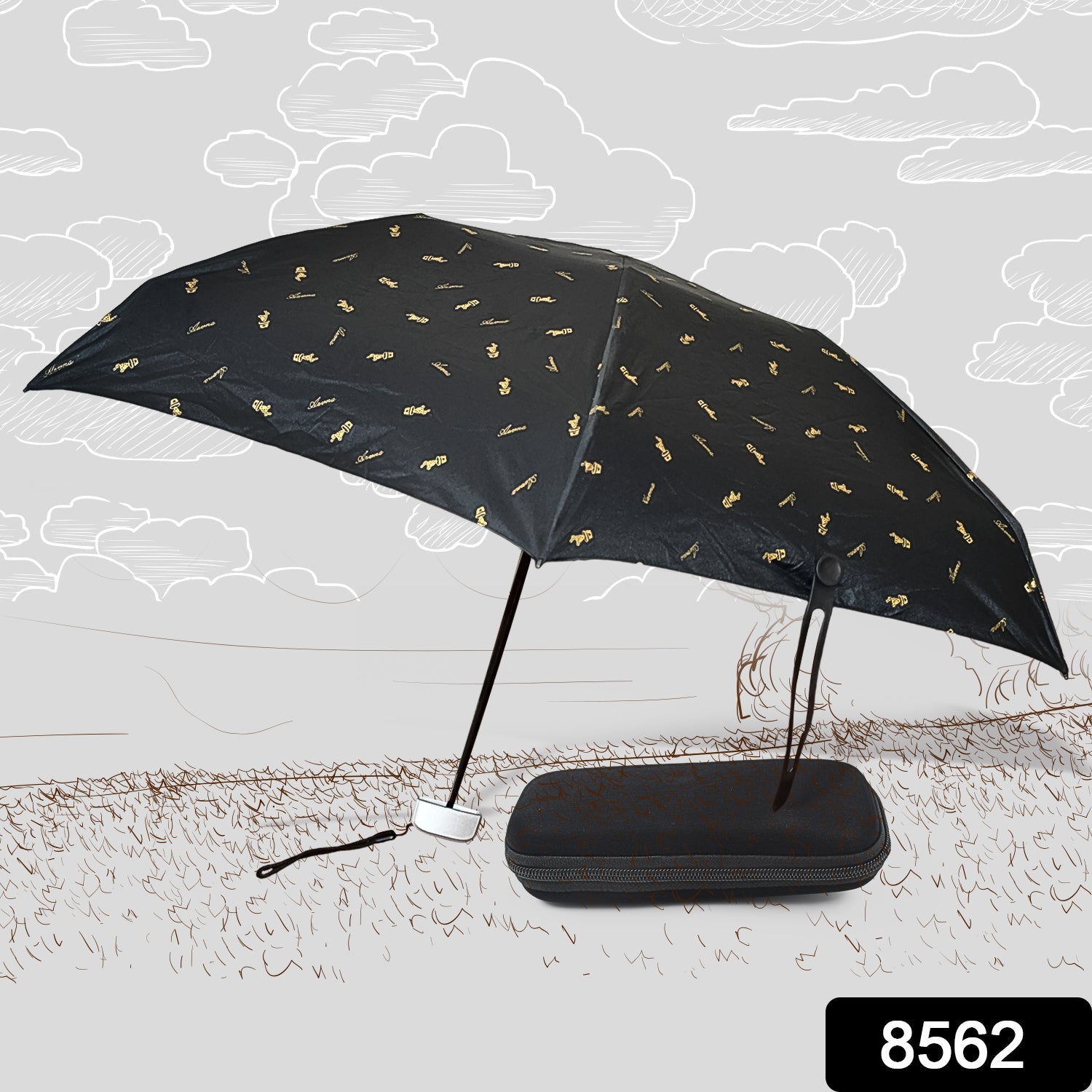 An open black umbrella with gold musical notes stands beside its closed black case on a sketched outdoor scene.