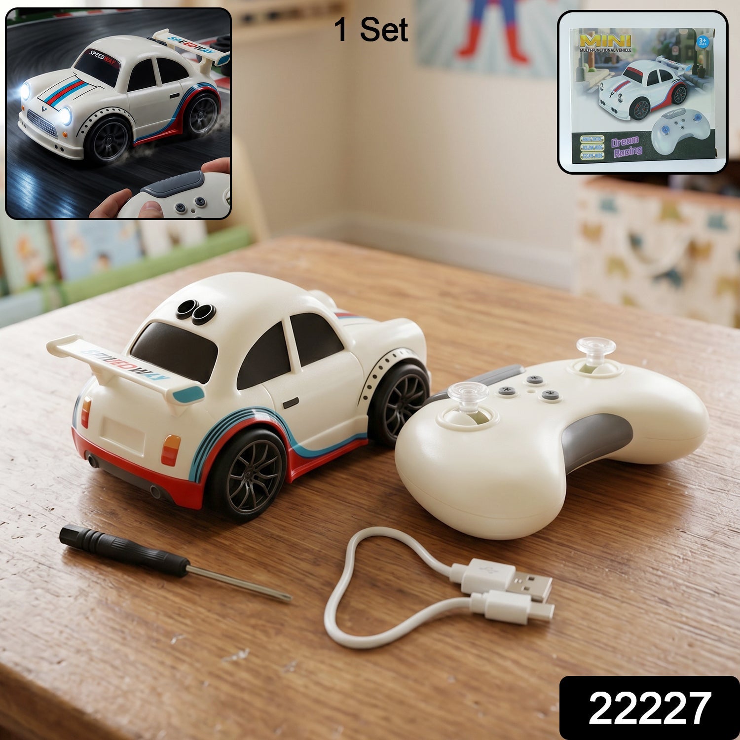 RC racing car toy set includes car, remote and USB charger