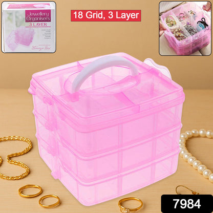 Top view of the transparent plastic organizer box showing 18 adjustable compartments.