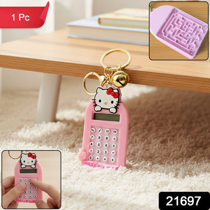 Closeup of portable mini digital calculator keychain with cartoon cat design