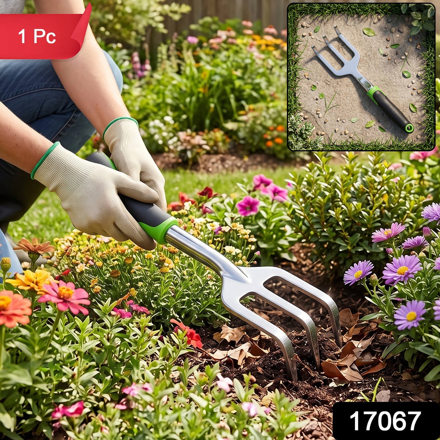 Three prong cultivator fork for loosening and aerating soil