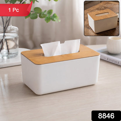 Close-up of the natural wood grain on the bamboo tissue box holder.