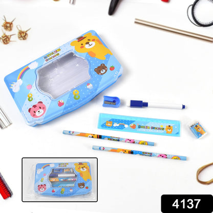 Open Kids Metal Compass Box displaying a pencil, eraser, sharpener, scale, and marker.