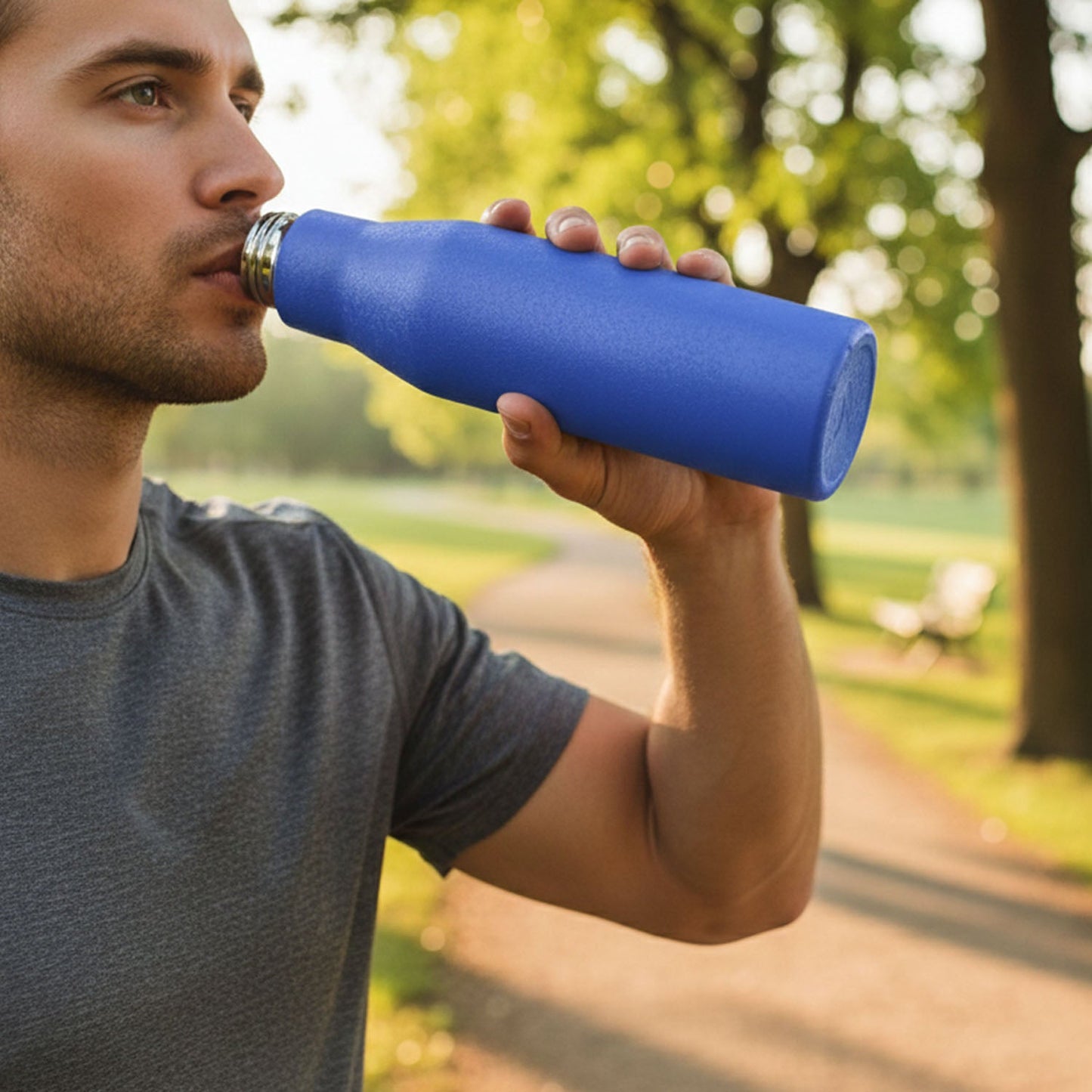 Leakproof blue stainless steel water bottle 1000ML with screw cap