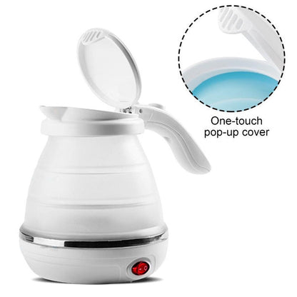 Collapsible travel electric kettle in a vibrant blue and white color.