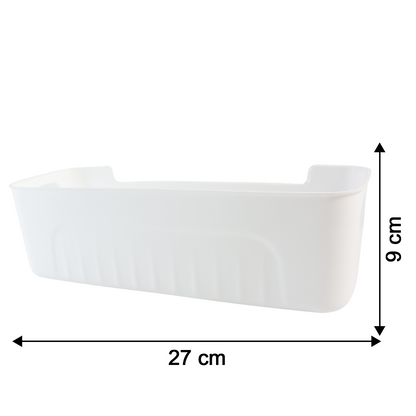 Size details of white plastic storage baskets showing measurements